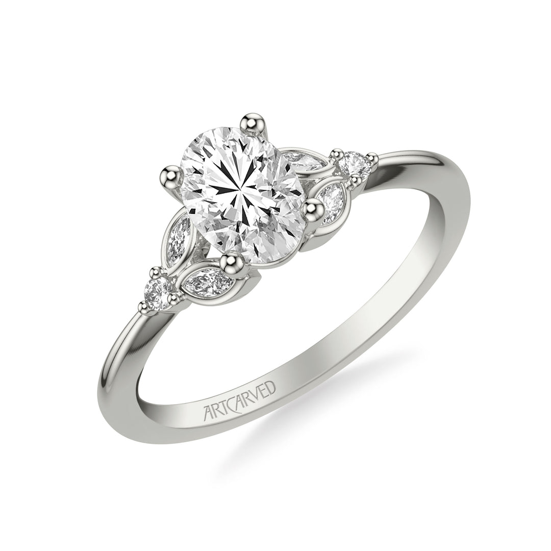 Floral Engagement Ring with Bezel Set Marquise Diamond Petal Accents and Polished Shank