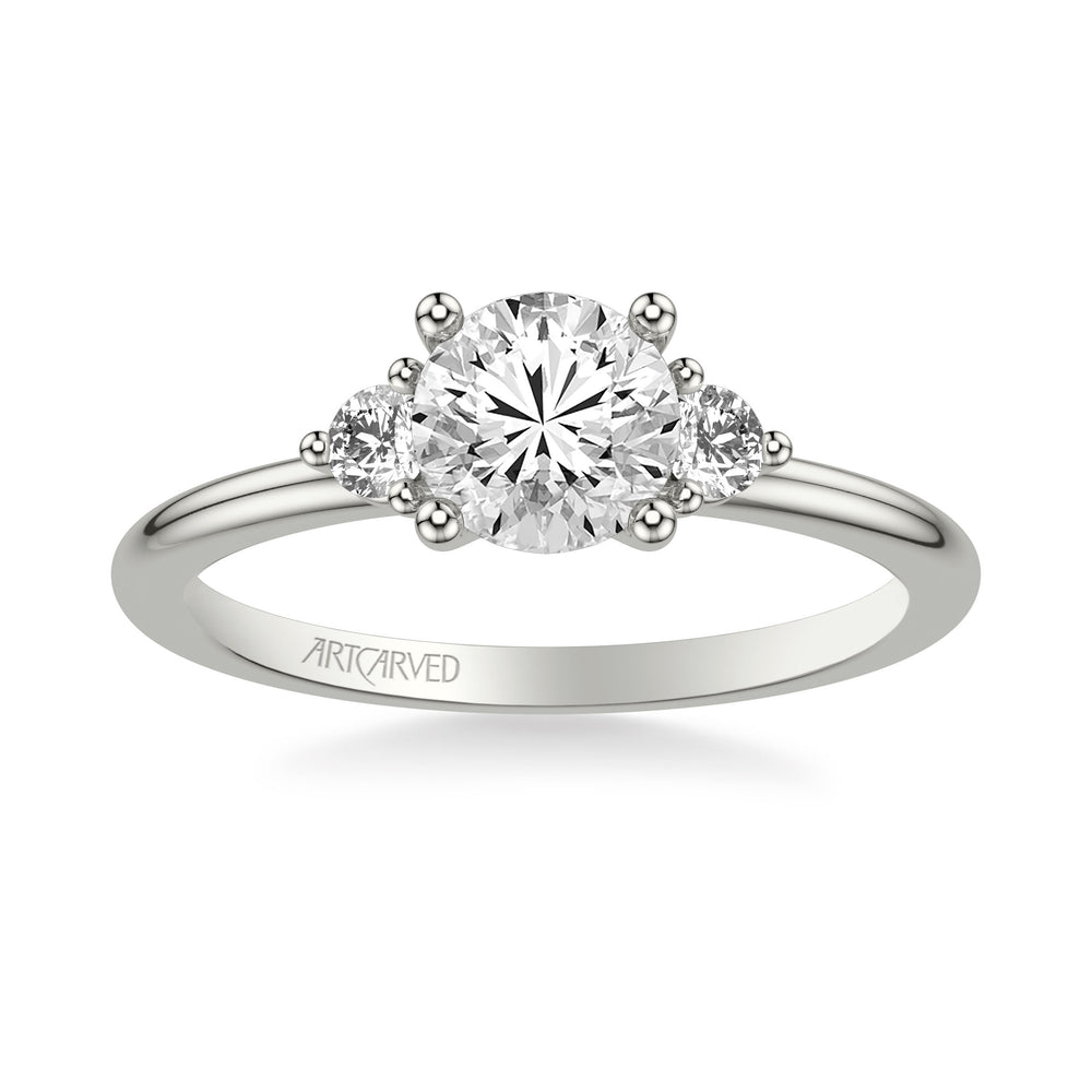 Classic Three-Stone Engagement Ring with Round Side Stone Diamonds.  Center Stone is not included.