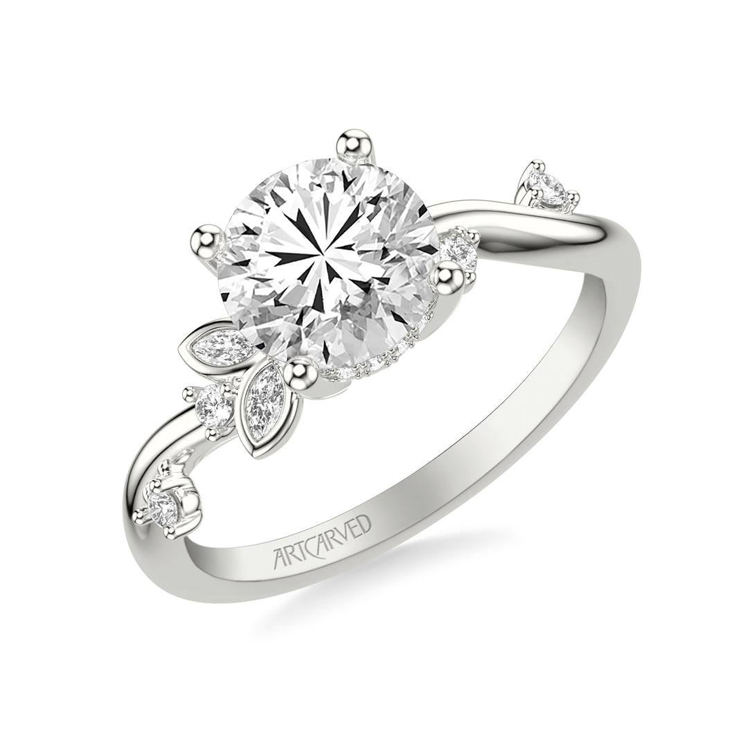 31-V1034-E - ARTCARVED - Floral Engagement Ring with Asymmetrical Marquise Diamond Petals and Round Floating Diamond Accent Shank