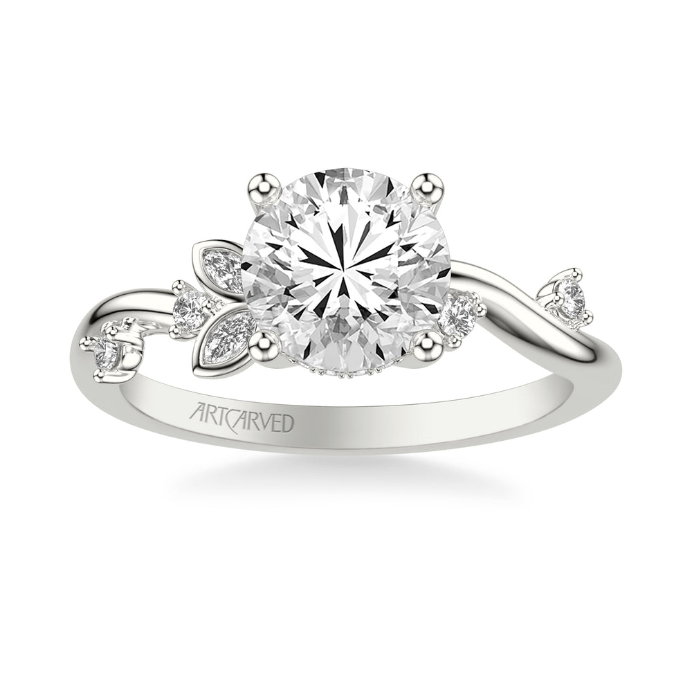 Floral Engagement Ring with Asymmetrical Marquise Diamond Petals and Round Floating Diamond Accent Shank