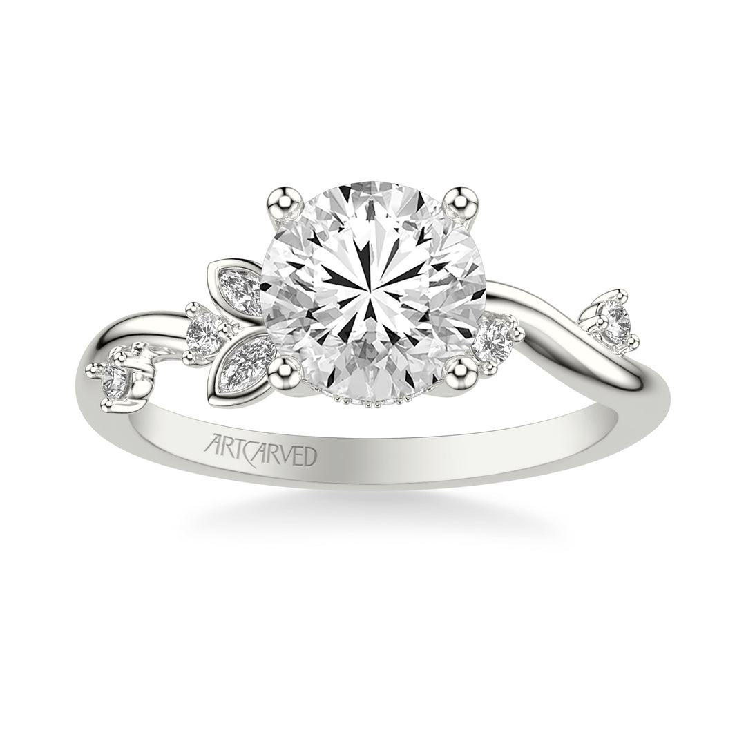 31-V1034-E - ARTCARVED - Floral Engagement Ring with Asymmetrical Marquise Diamond Petals and Round Floating Diamond Accent Shank