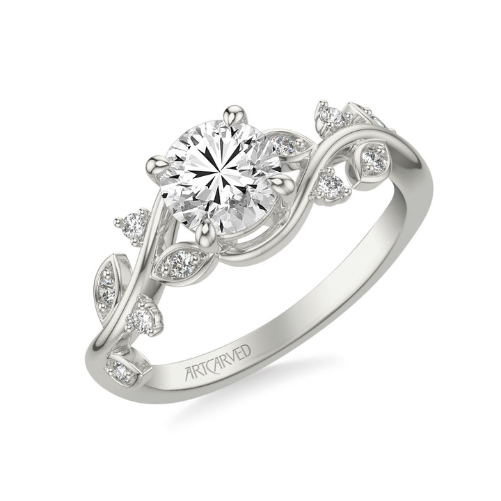 31-V1036-E - ARTCARVED - Floral Engagement Ring with Diamond Petal Accents and Floating Diamonds and Polished Shank