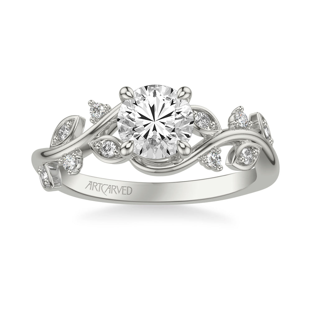 Floral Engagement Ring with Diamond Petal Accents and Floating Diamonds and Polished Shank.  Center Stone is not included.