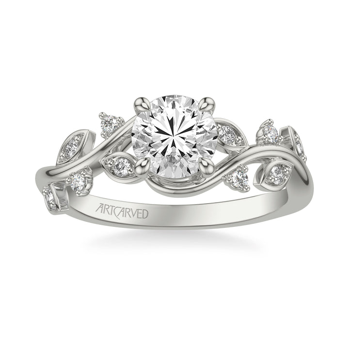 Floral Engagement Ring with Diamond Petal Accents and Floating Diamonds and Polished Shank.  Center Stone is not included.