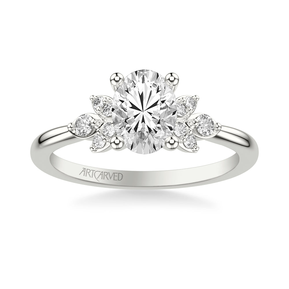 Floral Engagement Ring with Three Diamond Petals and Polished Shank.  Center Stone is not included.