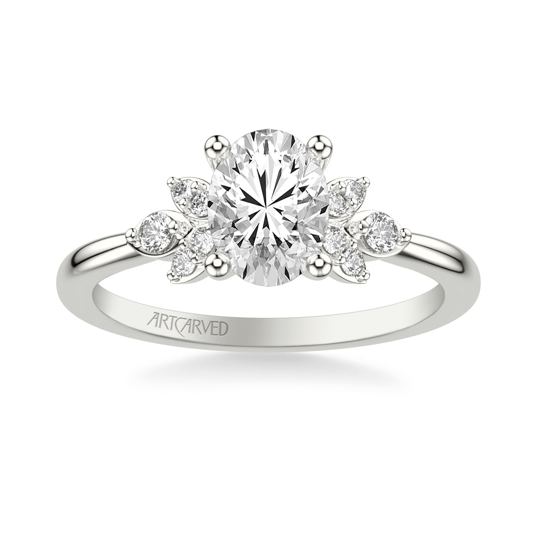 Floral Engagement Ring with Three Diamond Petals and Polished Shank.  Center Stone is not included.