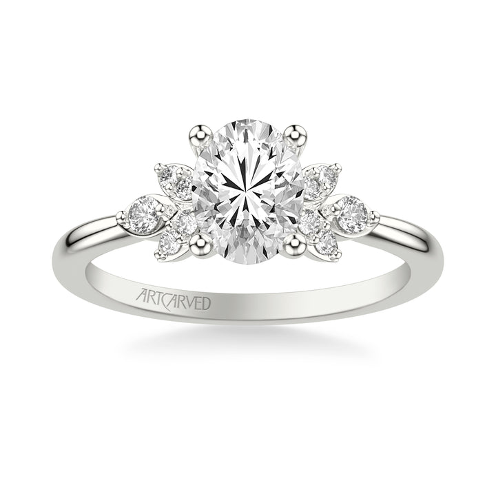 Floral Engagement Ring with Three Diamond Petals and Polished Shank.  Center Stone is not included.