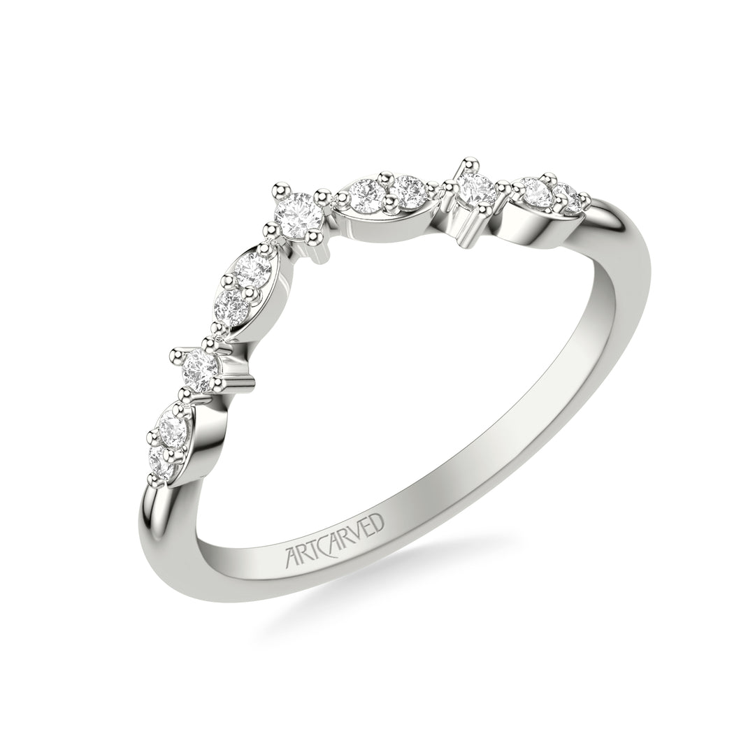 Floral Curved Wedding Band with Prong Set Round Diamonds