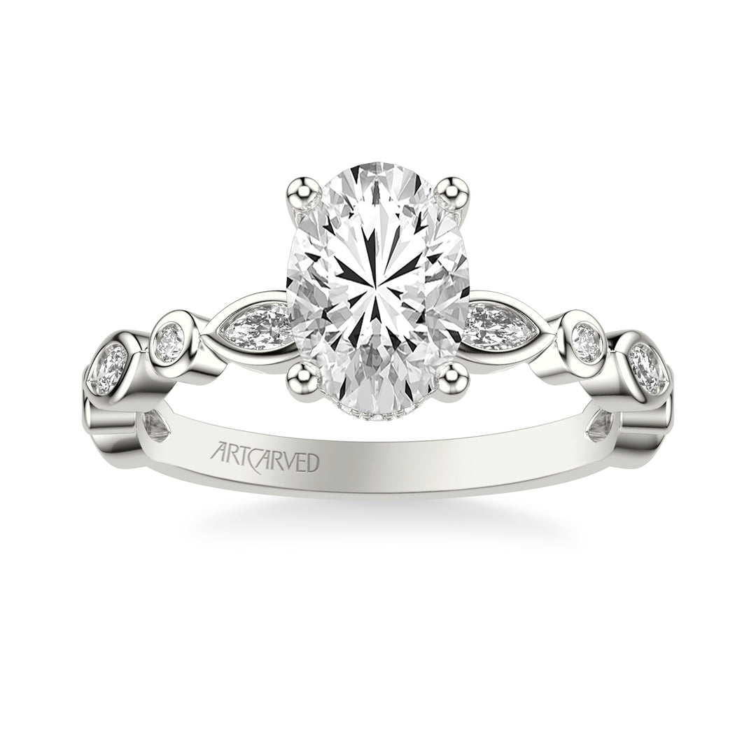 31-V1069IRW-E.01 - ARTCARVED - Floral Engagement Ring with Hidden Diamond Halo and Alternating Bezel Set Marquise and Round Diamonds