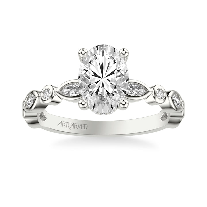 31-V1069IRW-E.01 - ARTCARVED - Floral Engagement Ring with Hidden Diamond Halo and Alternating Bezel Set Marquise and Round Diamonds