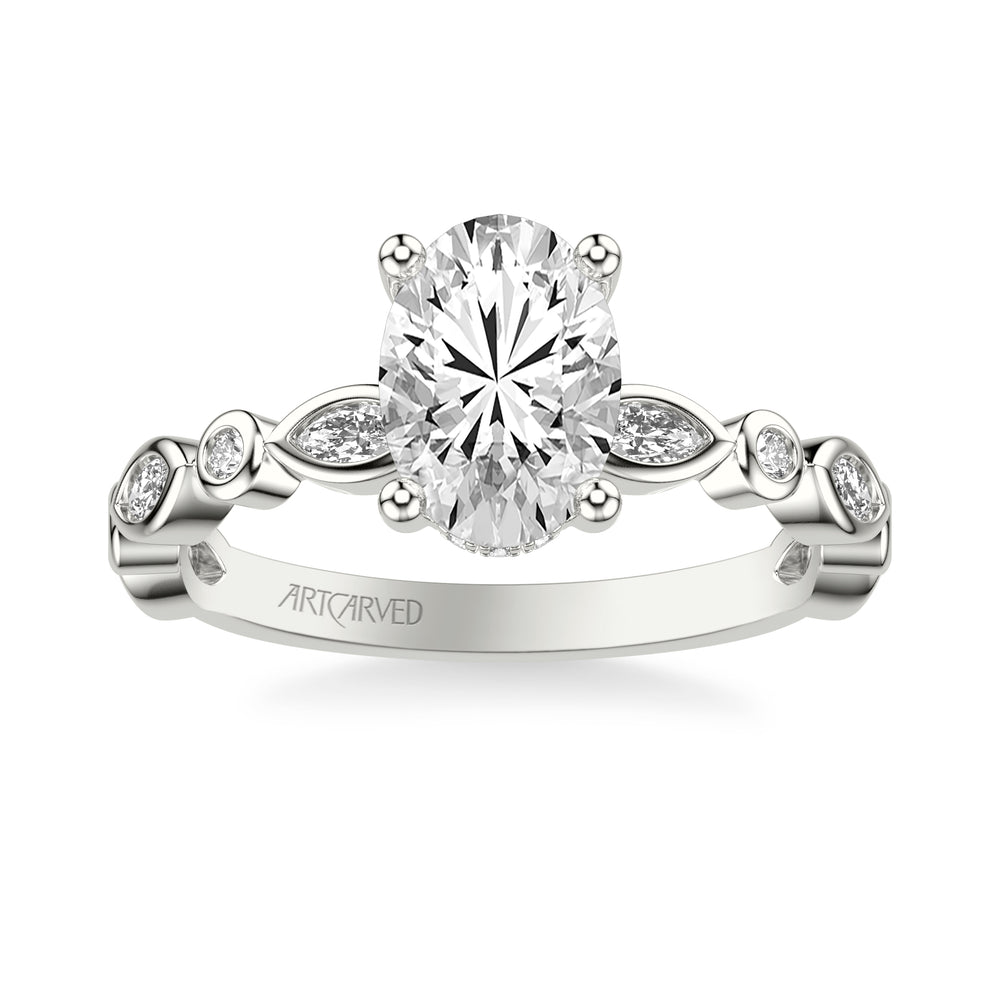 Floral Engagement Ring with Hidden Diamond Halo and Alternating Bezel Set Marquise and Round Diamonds