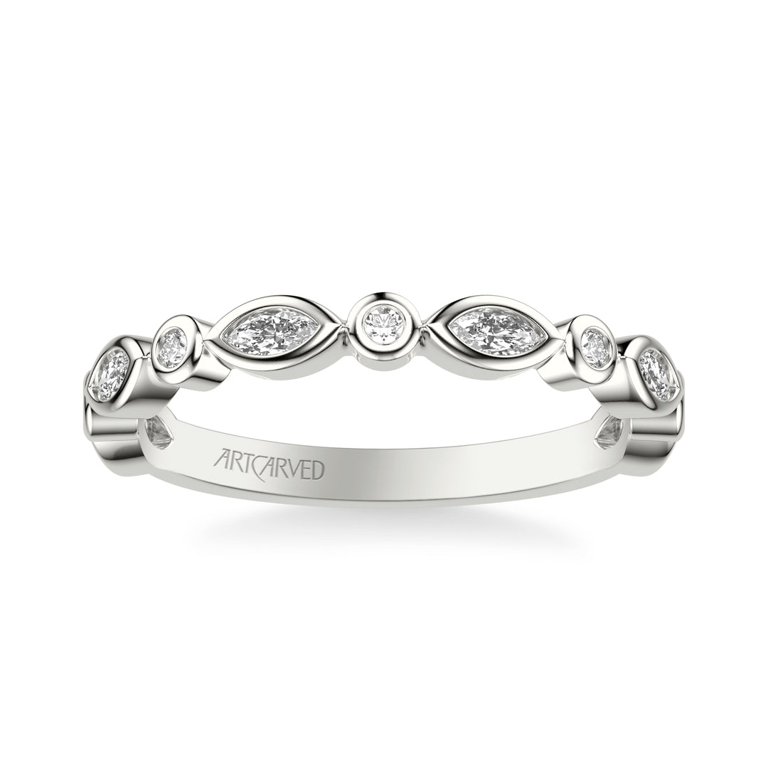 31-V1069-L - ARTCARVED - Floral Wedding Band with Alternating Bezel Set Marquise and Round Diamonds