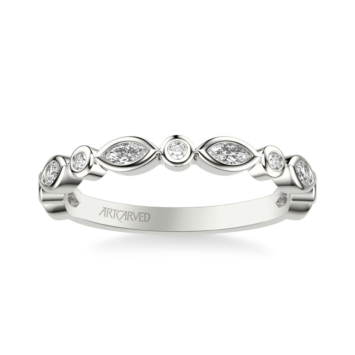 31-V1069-L - ARTCARVED - Floral Wedding Band with Alternating Bezel Set Marquise and Round Diamonds