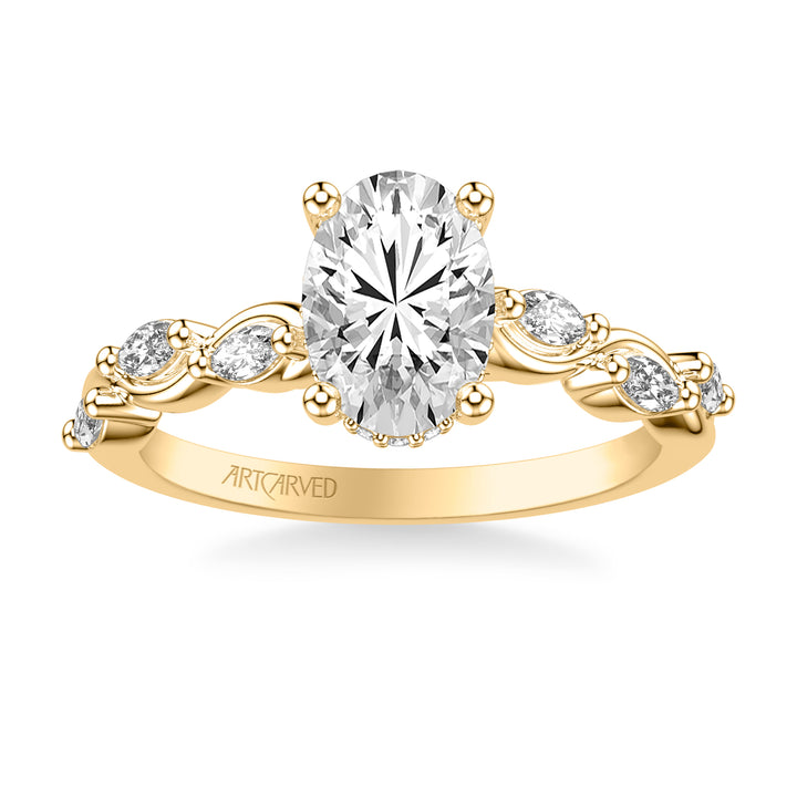 Floral Engagement Ring with Hidden Diamond Halo and Twisted Vine Bezel Set Marquise Diamonds