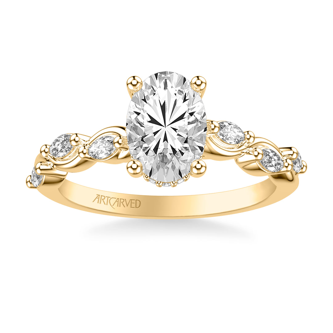 31-V1070-E - ARTCARVED - Floral Engagement Ring with Hidden Diamond Halo and Twisted Vine Bezel Set Marquise Diamonds