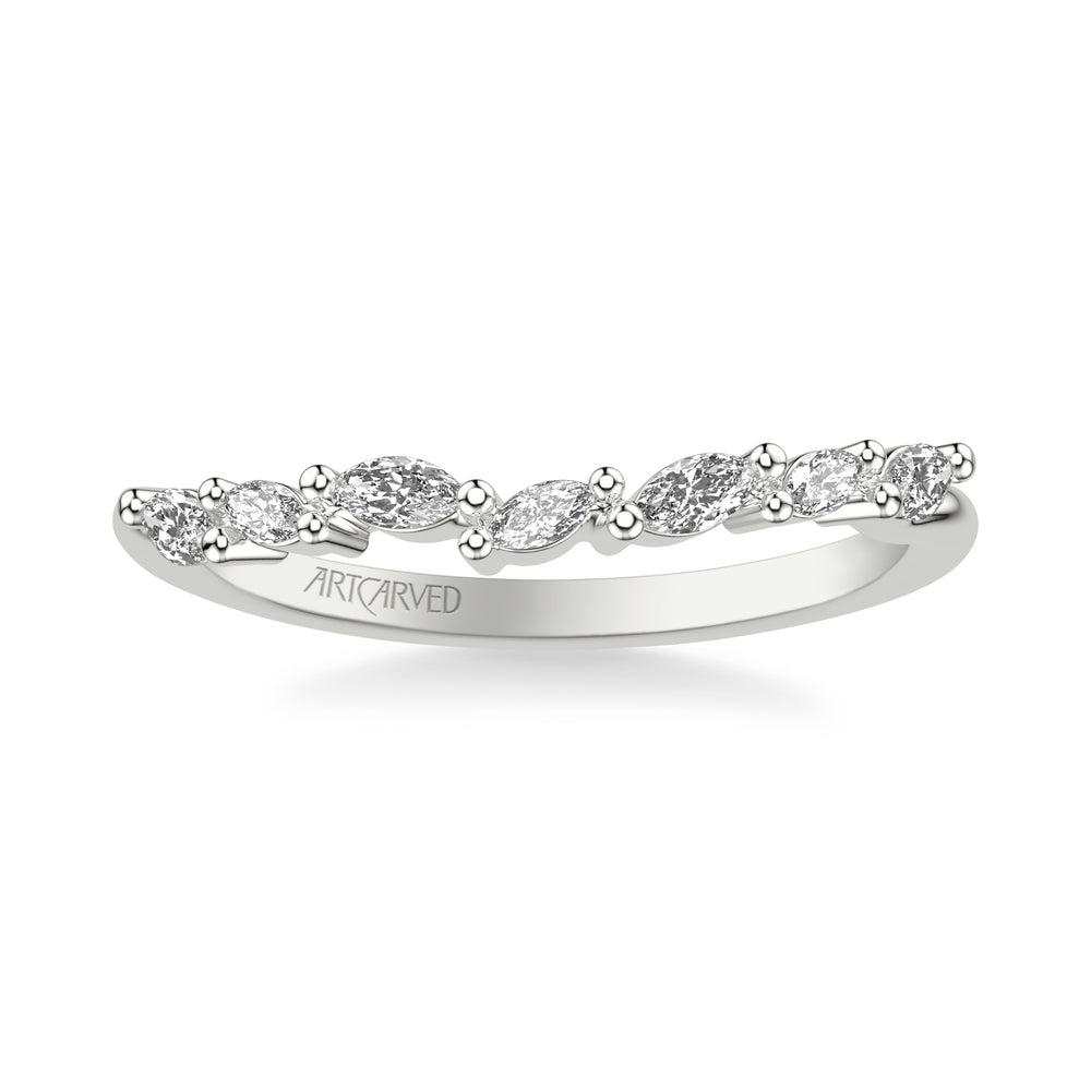 Floral Curved Wedding Band with Prong Set Marquise Diamonds
