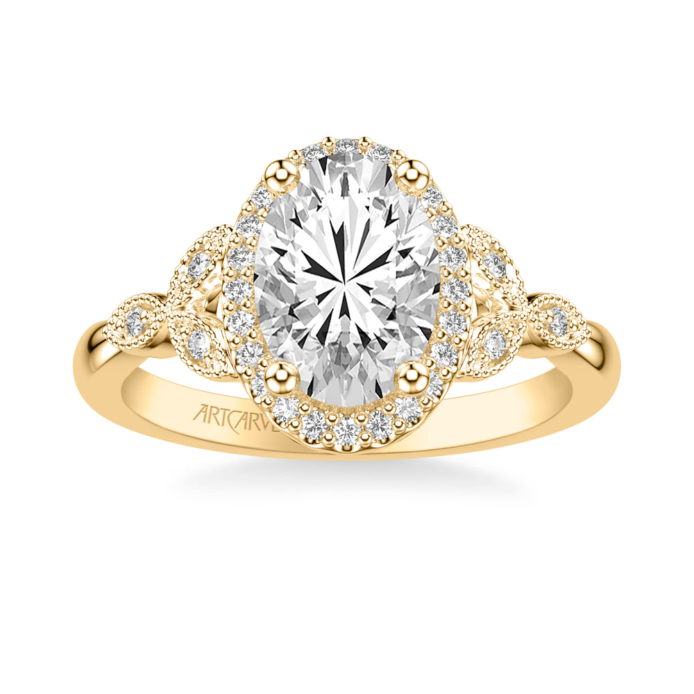 31-V1073GVY-E.01 - ARTCARVED - Floral Engagement Ring with Oval Diamond Halo and Milgrain Marquise Shape Diamond Petals
