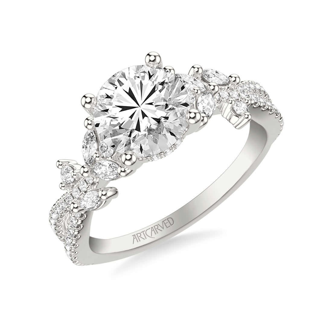 Floral Twist Engagement Ring with Hidden Diamond Halo and Prong Set Marquise and Round Diamond Accents