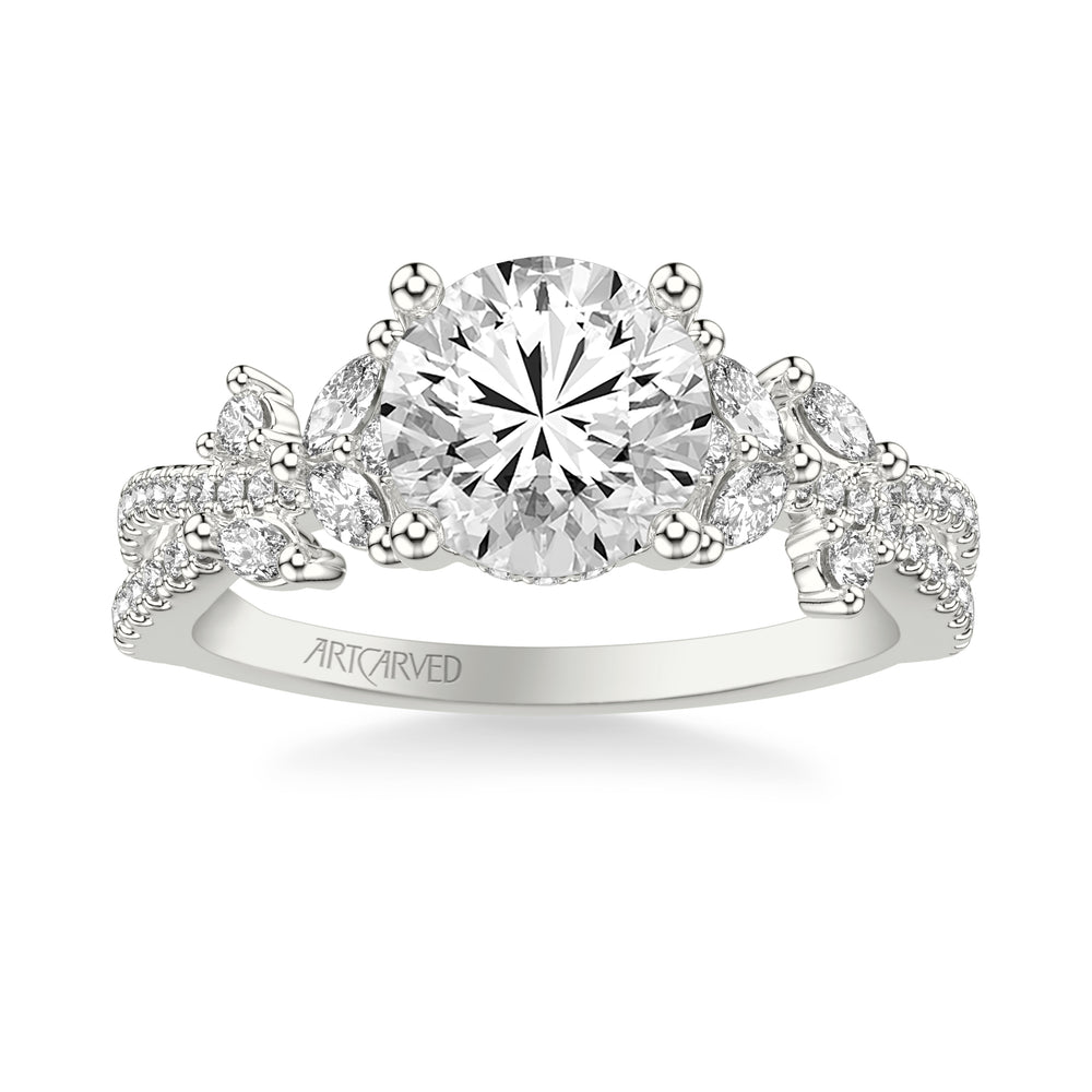 31-V1074IRW-E.01 - ARTCARVED - Floral Twist Engagement Ring with Hidden Diamond Halo and Prong Set Marquise and Round Diamond Accents