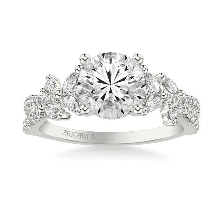 31-V1074IRW-E.01 - ARTCARVED - Floral Twist Engagement Ring with Hidden Diamond Halo and Prong Set Marquise and Round Diamond Accents