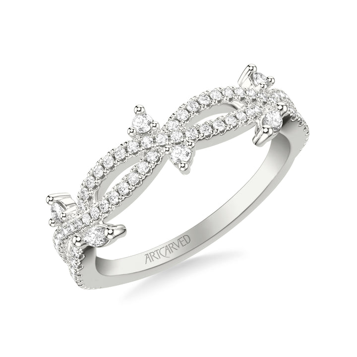 31-V1074-L - ARTCARVED - Floral Twist Wedding Band with Diamond Floating Prong Set Marquise and Round Diamond Accents