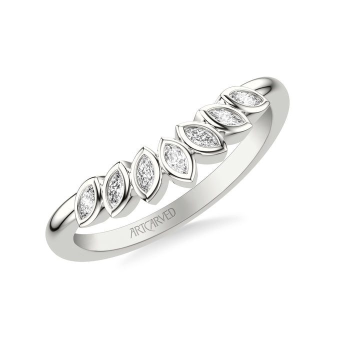 Floral Curved Wedding Band with Bezel Set Marquise Diamonds