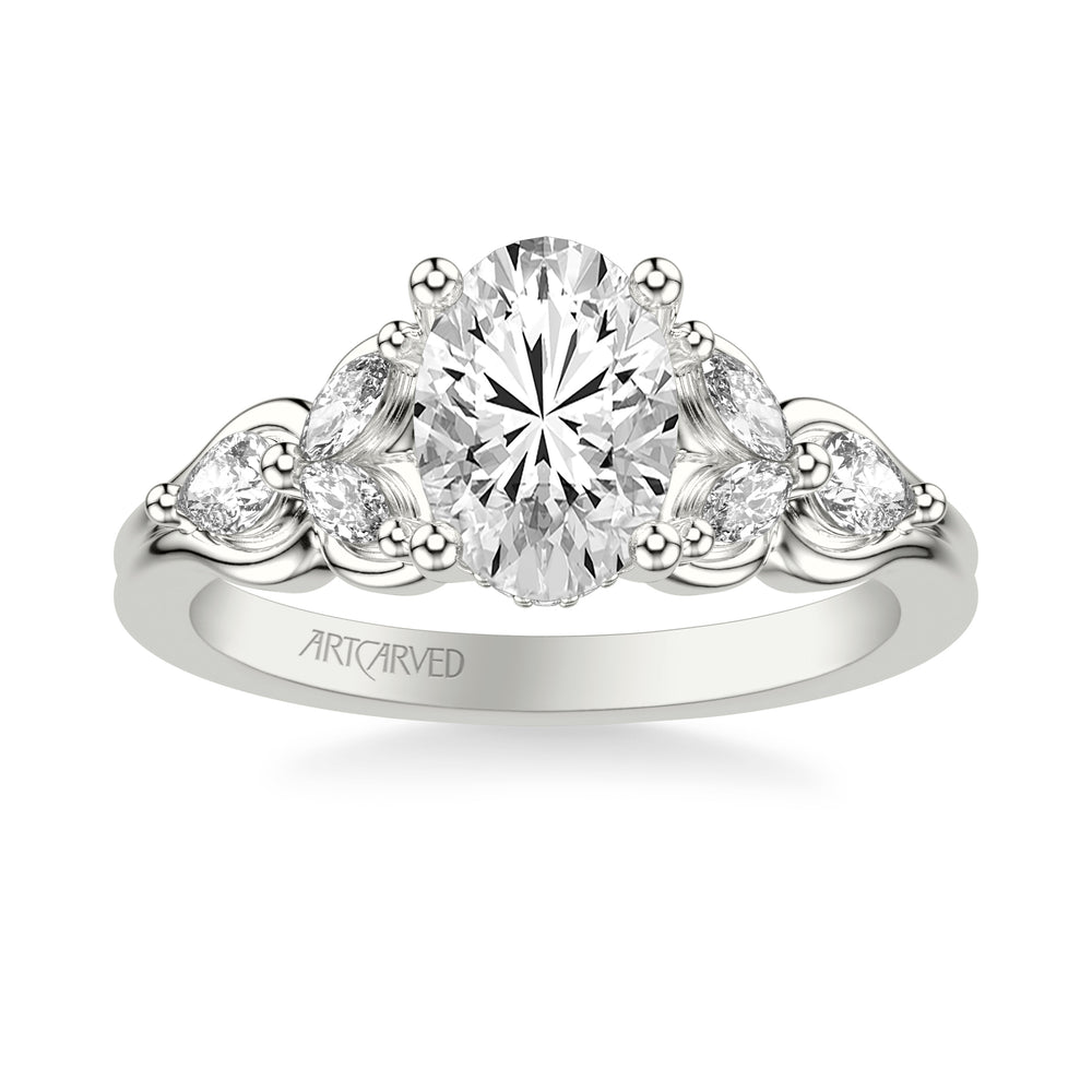 Floral Engagement Ring with Bezel Set Marquise Diamond Petals and Pear Diamond Accents with Double Row Polished Shank
