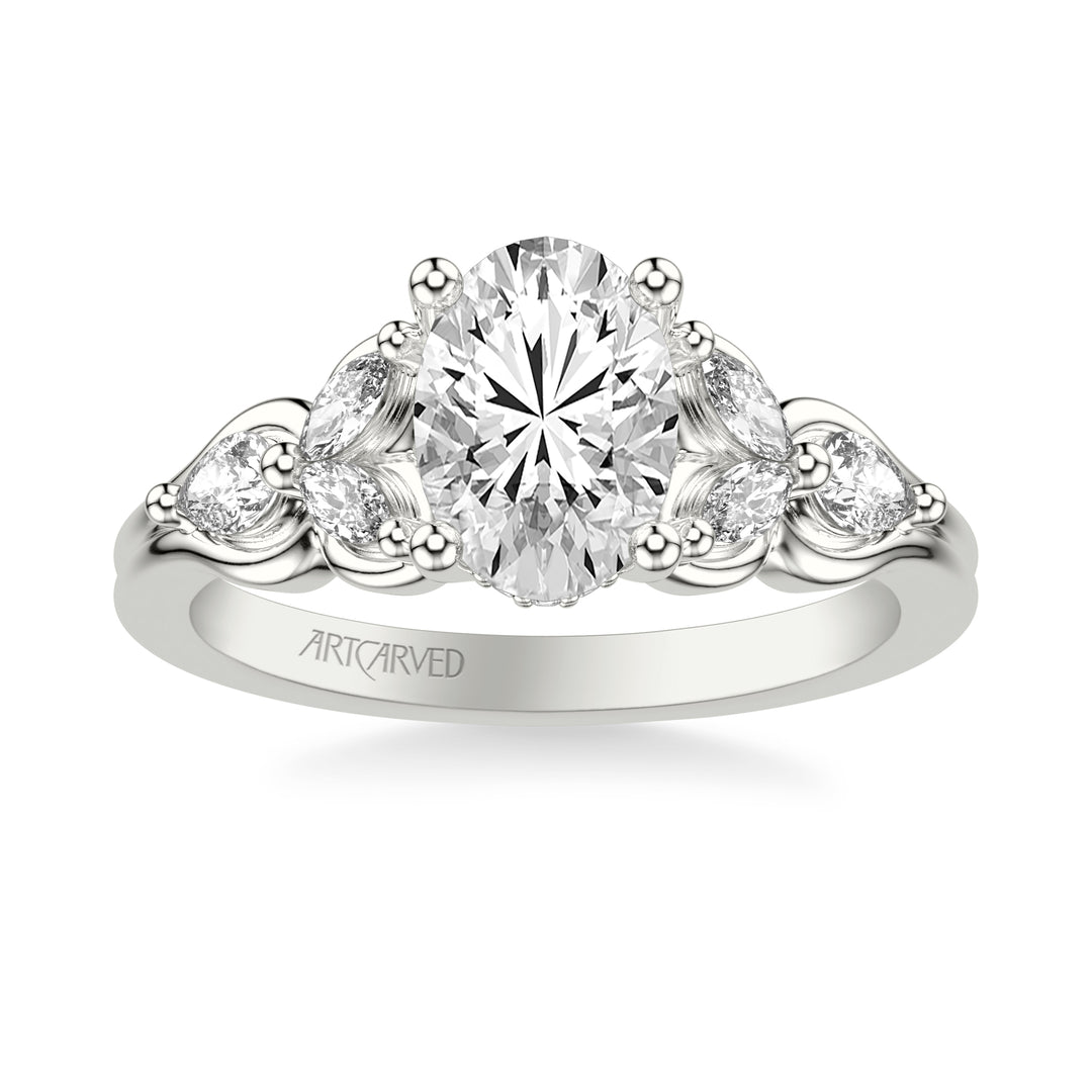 31-V1077-E - ARTCARVED - Floral Engagement Ring with Bezel Set Marquise Diamond Petals and Pear Diamond Accents with Double Row Polished Shank