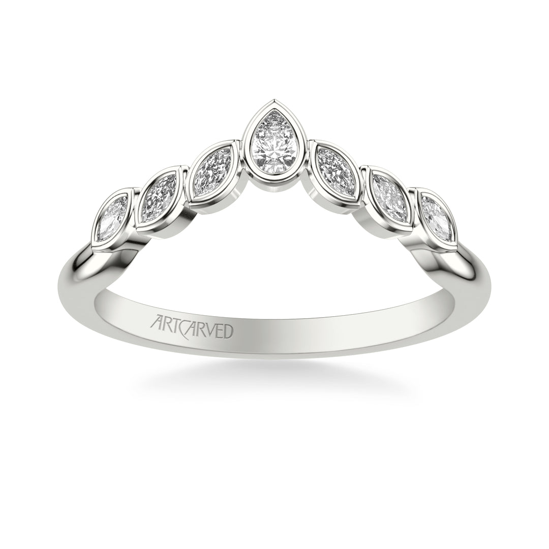 31-V1077W-L.00 - ARTCARVED - Floral Curved Wedding Band with Bezel Set Marquise and Pear Diamonds