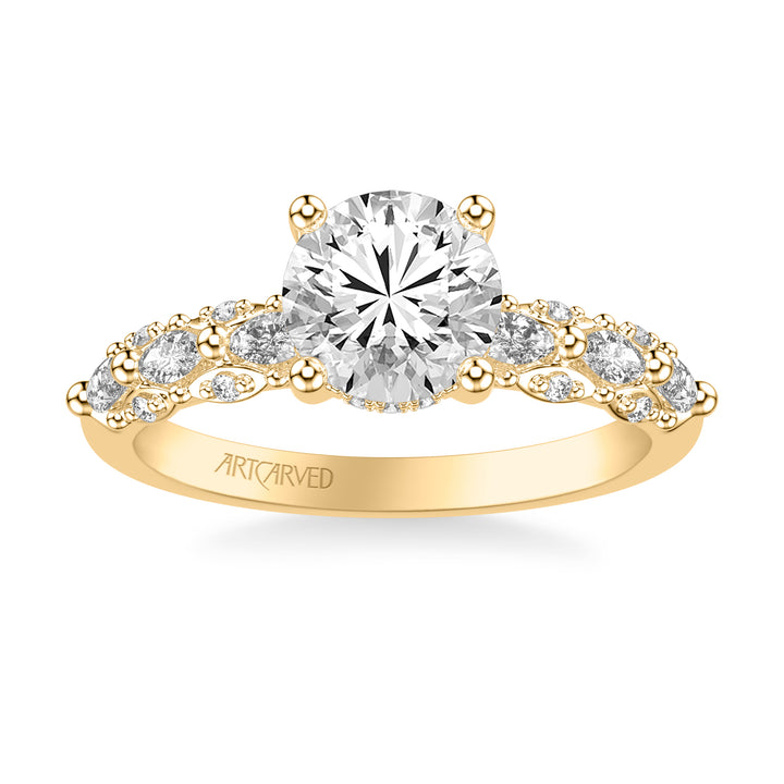 Classic Engagement Ring with Triple Row Prong Set Round and Marquise Diamond Shank