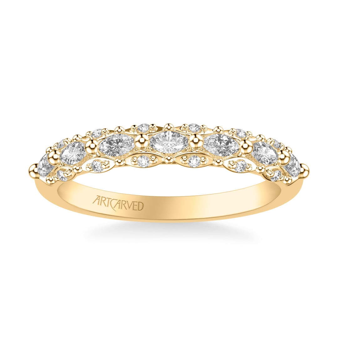 31-V1078-L - ARTCARVED -  Classic Wedding Band with Triple Row Prong Set Round and Marquise Diamonds