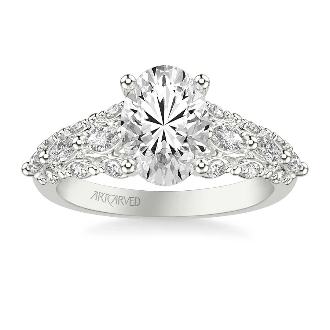 31-V1079-E - ARTCARVED -  Classic Engagement Ring with Cathedral Shank and Graduated Triple Row Prong Set Round and Marquise Diamond Shank