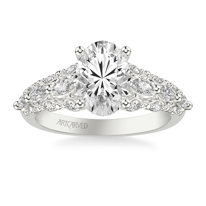31-V1079-E - ARTCARVED -  Classic Engagement Ring with Cathedral Shank and Graduated Triple Row Prong Set Round and Marquise Diamond Shank
