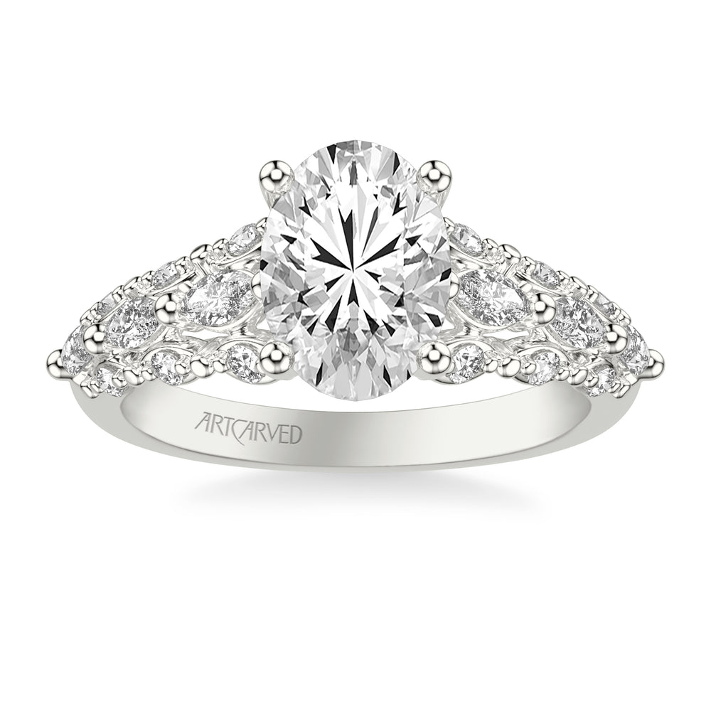 Classic Engagement Ring with Cathedral Shank and Graduated Triple Row Prong Set Round and Marquise Diamond Shank