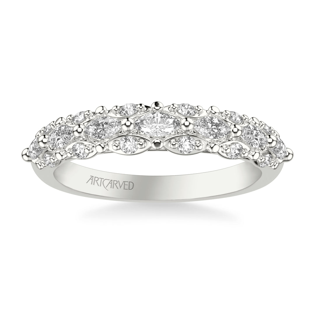 31-V1079-L - ARTCARVED -  Classic Wedding Band with Triple Row Prong Set Round and Marquise Diamonds