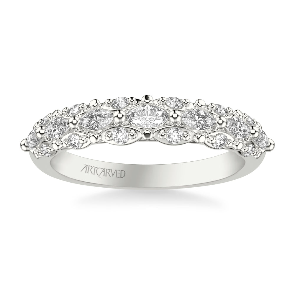 31-V1079-L - ARTCARVED -  Classic Wedding Band with Triple Row Prong Set Round and Marquise Diamonds
