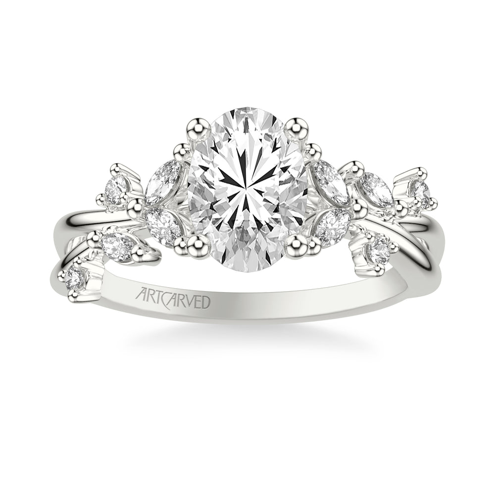 Floral Engagement Ring with Prong Set Marquise and Round Diamond Accents and Twisted Polished Shank