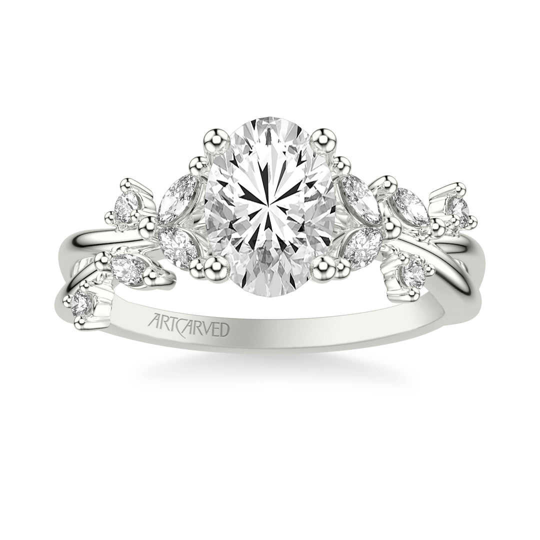 Floral Engagement Ring with Prong Set Marquise and Round Diamond Accents and Twisted Polished Shank.  Center Stone is not included.