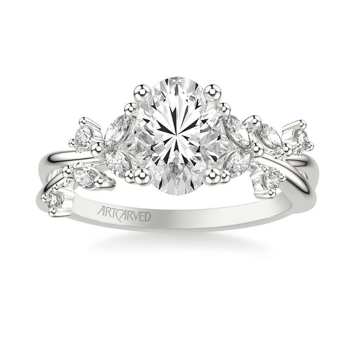 Floral Engagement Ring with Prong Set Marquise and Round Diamond Accents and Twisted Polished Shank.  Center Stone is not included.