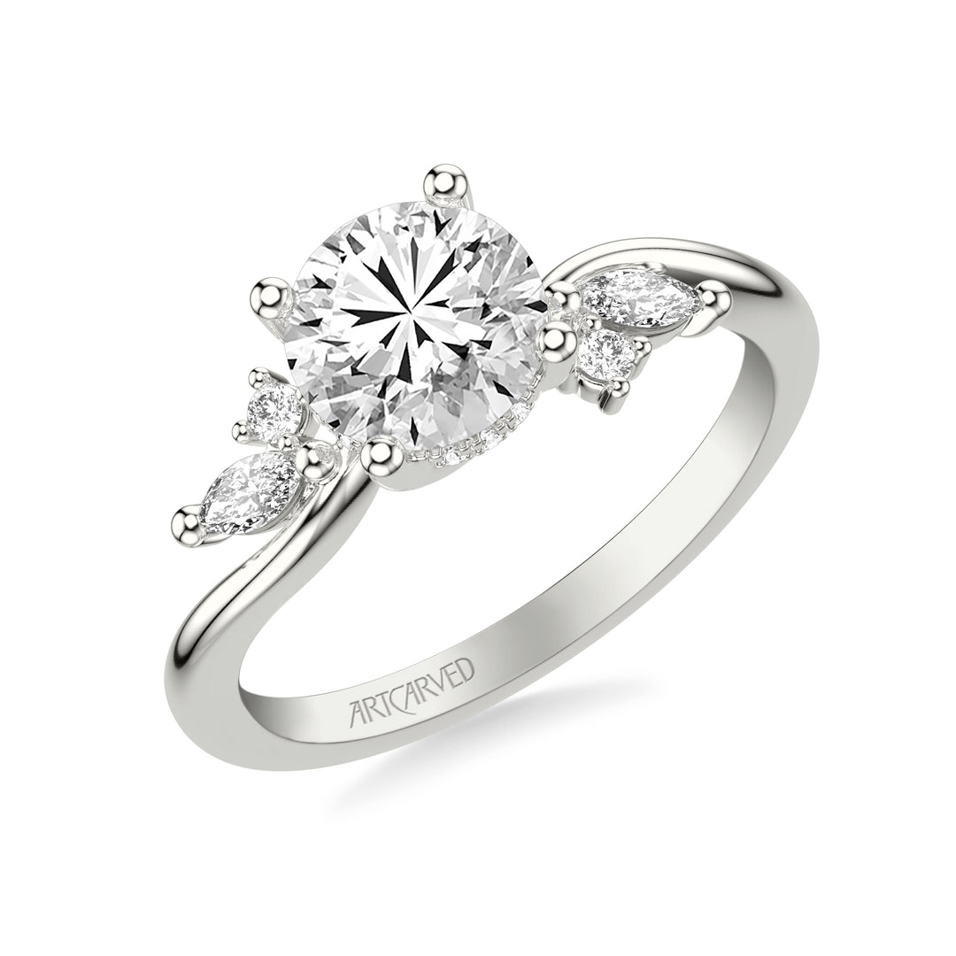 31-V1083-E - ARTCARVED - Floral Engagement Ring with Prong Set Marquise and Round Diamond Accents and Bypass Polished Shank