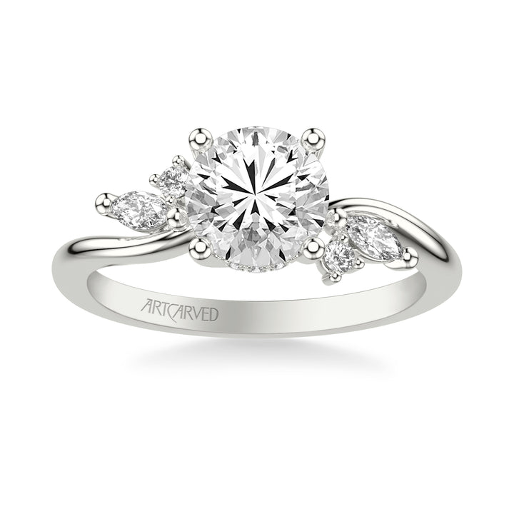 Floral Engagement Ring with Prong Set Marquise and Round Diamond Accents and Bypass Polished Shank.  Center Stone is not included.