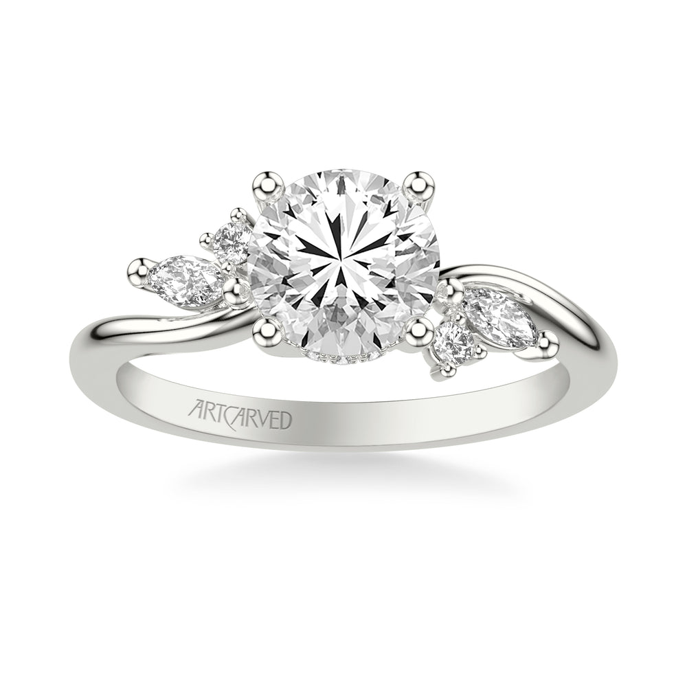 Floral Engagement Ring with Prong Set Marquise and Round Diamond Accents and Bypass Polished Shank