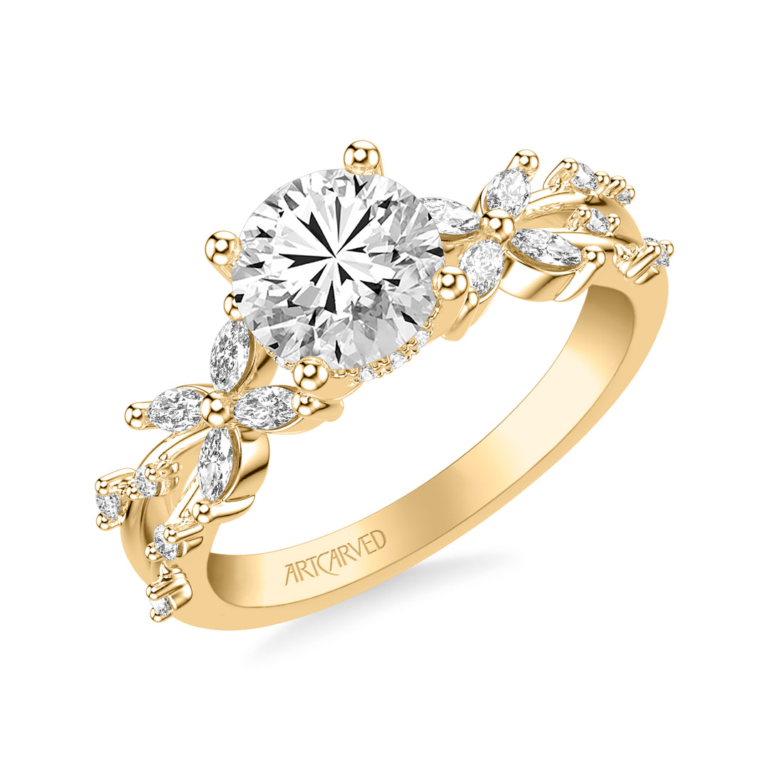 Floral Engagement Ring with Prong Set Marquise Diamond Petal Accents and Polished Bypass Shank