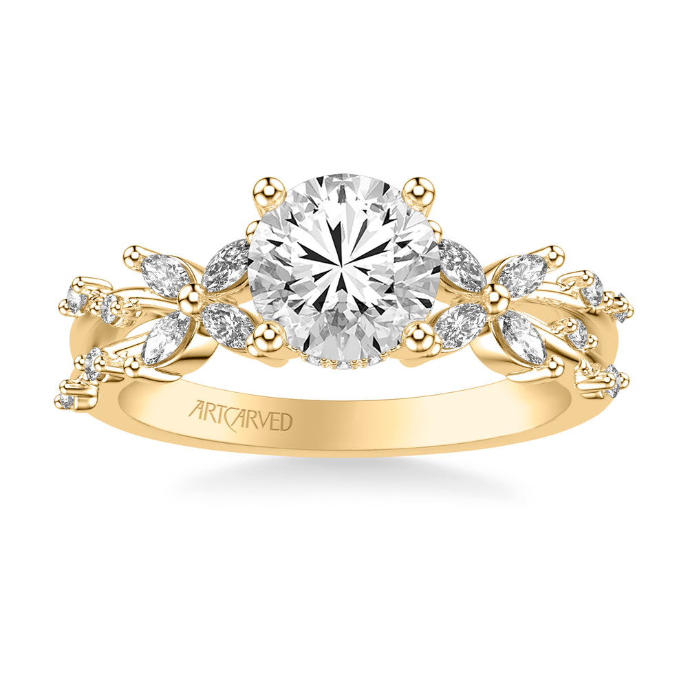 Floral Engagement Ring with Prong Set Marquise Diamond Petal Accents and Polished Bypass Shank.  Center Stone is not included.