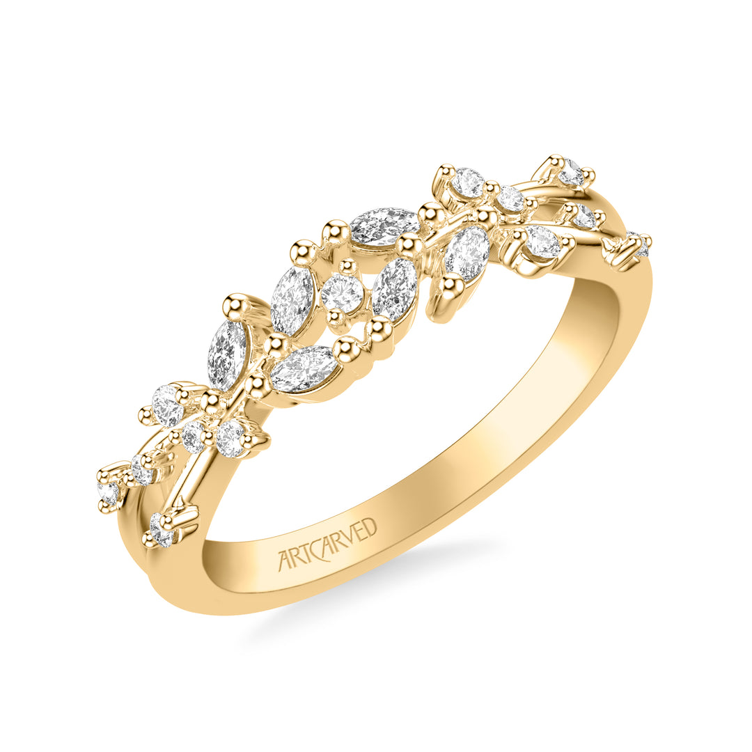 31-V1085-L - ARTCARVED - Floral Wedding Band with Prong Set Marquise Diamond Petal Accents and Polished Bypass