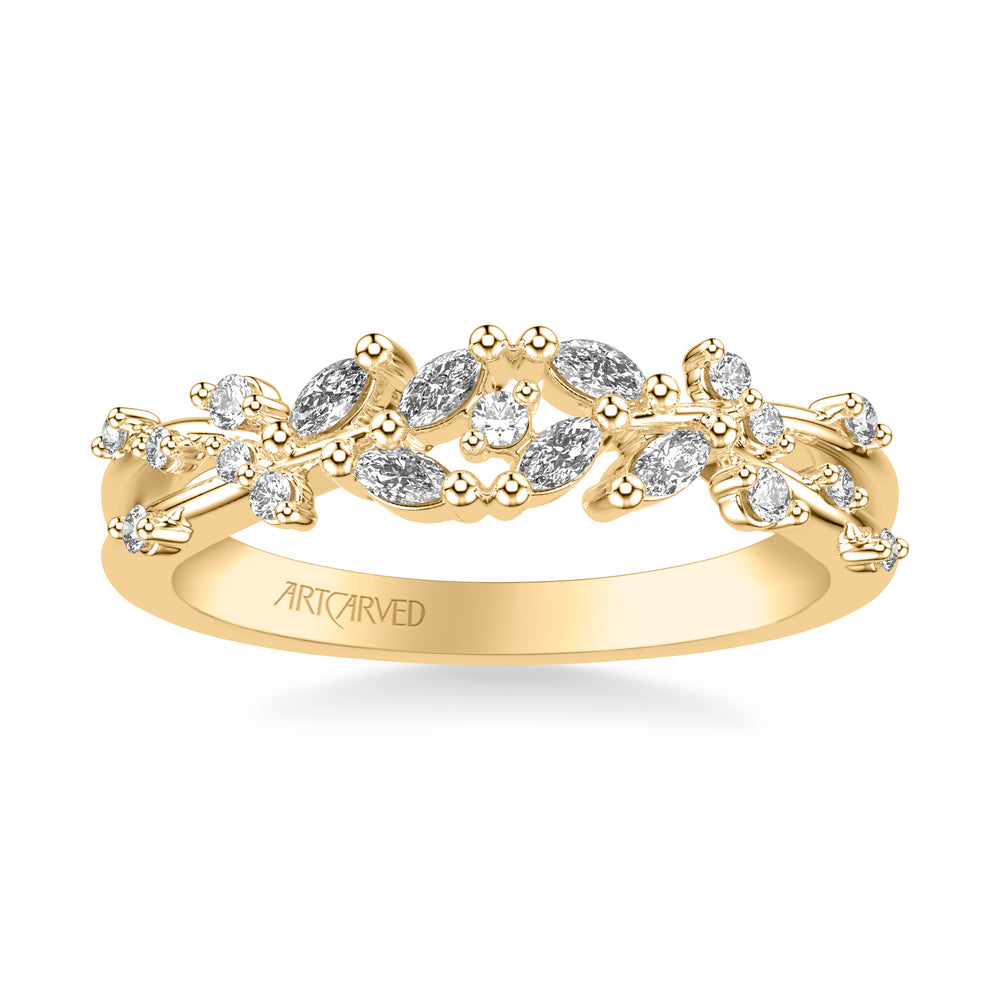 31-V1085-L - ARTCARVED - Floral Wedding Band with Prong Set Marquise Diamond Petal Accents and Polished Bypass