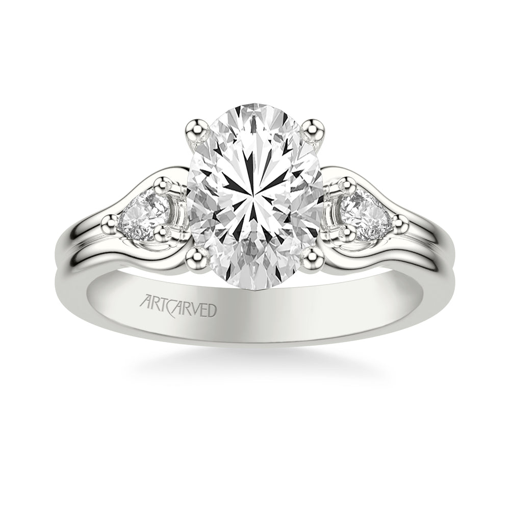 31-V1087HVW-E.01 - ARTCARVED - Classic Three-Stone Engagement Ring with Pear Side Stones and Double Row Polished Shank