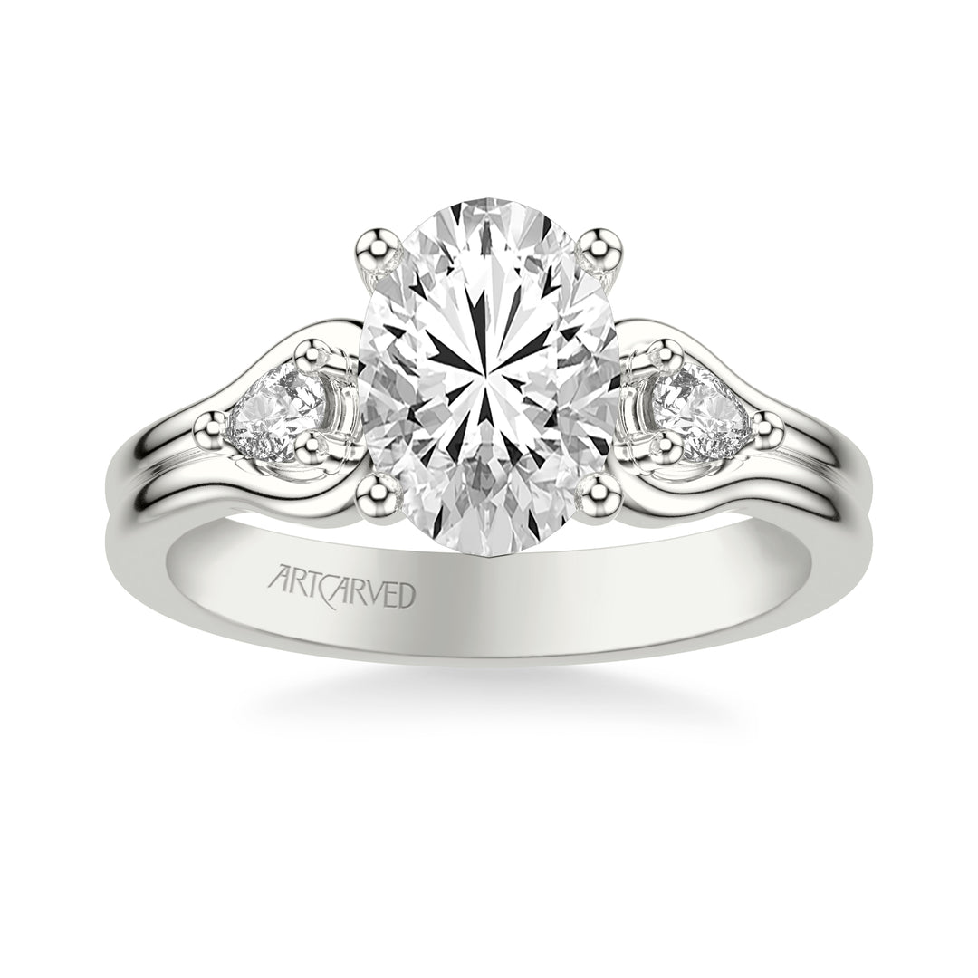 31-V1087HVW-E.01 - ARTCARVED - Classic Three-Stone Engagement Ring with Pear Side Stones and Double Row Polished Shank