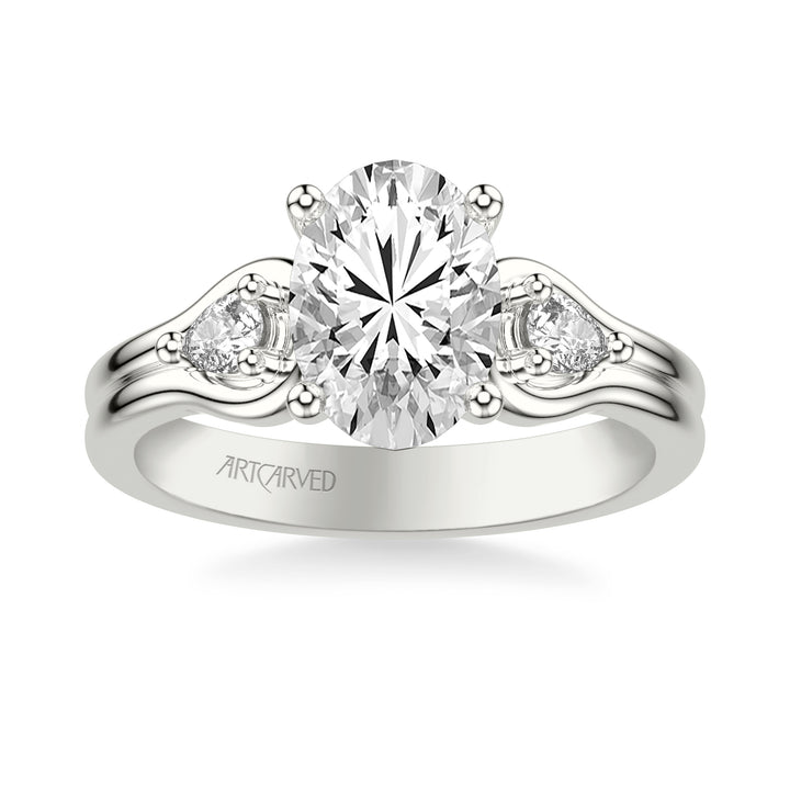 31-V1087-E - ARTCARVED - Classic Three-Stone Engagement Ring with Pear Side Stones and Double Row Polished Shank