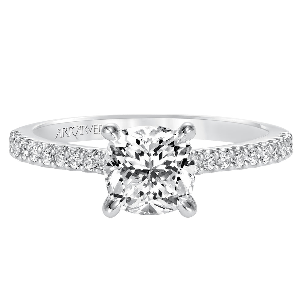 Willa, Classic prong set diamond engagement ring with diamond detailed crown and bridge with diamond accented shank.  Center Stone is not included.